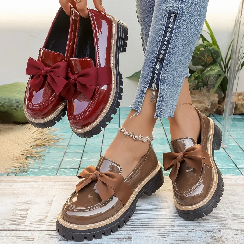 

Loafers Plus Size Women's Shoes British Style Round Toe Deep Mouth Bow New Platform Leather Shoes