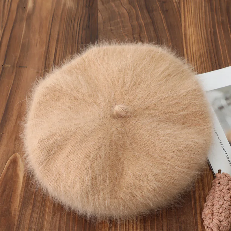 Long hairy mink velvet beret female women mink fur octagonal hat pumpkin hat knitted painter hat warm flight attendant hat