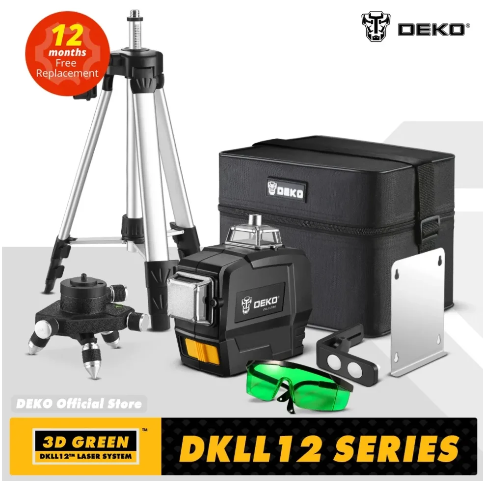 DEKO DKLL12PB1 3D Green Laser Level 12 Lines Horizontal Vertical Cross Lines Auto Self-Leveling Manual Mode