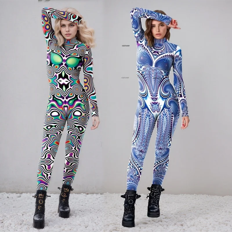 

IOOTIANY Halloween Cosplay Costumes for Women Carnival Steampunkartistic Pattern Sexy Slim Jumpsuit Performance Zentai Bodysuit
