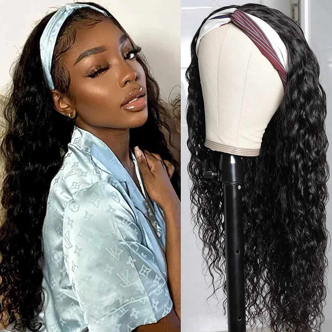 

Water Wave Headband Wig Kinky Curly Human Hair Wigs For Women Brazilian Full Machine Made Remy Human Hair Wig Scarf Wig