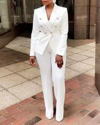 Women 2 Piece Set Double-Breasted Blazer and Floor-Length Flared Pants Suit 2023 Fashion OL Business Sets