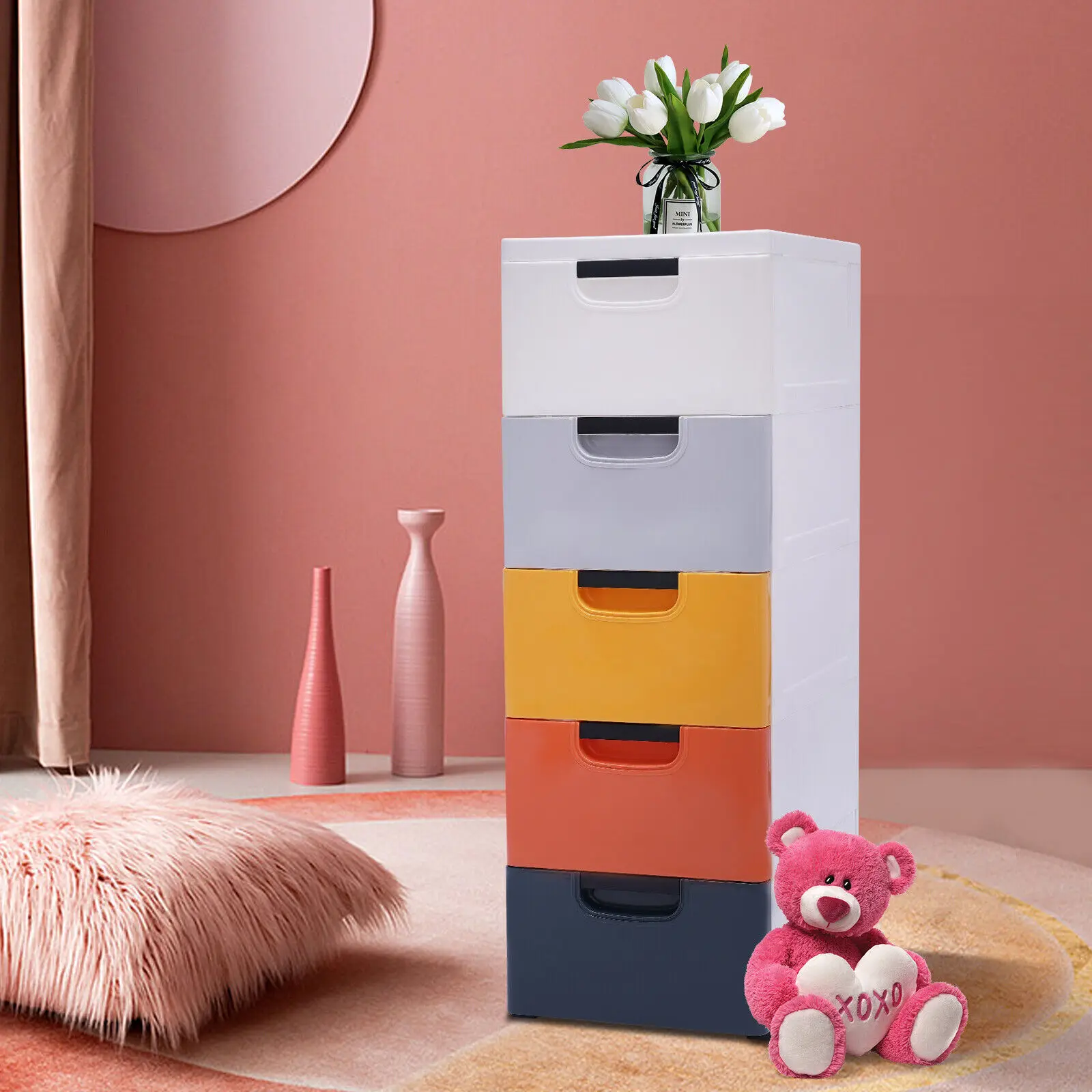 Plastic Drawers Dresser Storage Cabinet Stackable Vertical Clothes Storage Tower with 5 Drawers Bedroom Chest Hallway Entryway