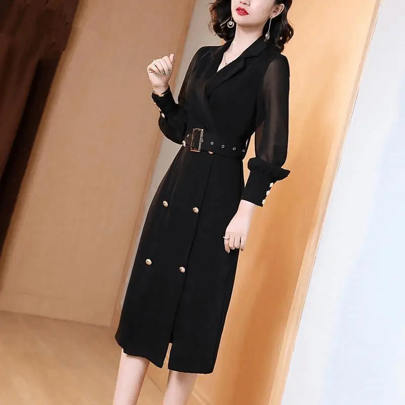 

Long Sleeve Dresses Women Classy Vestidos 2024 New Fashion Mujer Elegant Sashes Side Slit Charm Vintage Midi Black Dress V442