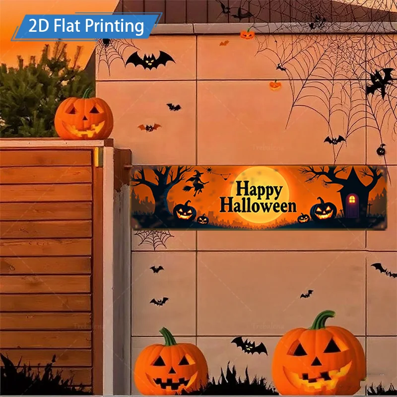 1pc Metal Sign, 4x16inch Halloween Flat Printing Metal Sign, Happy Halloween Pumpkin Bat Scene Decor
