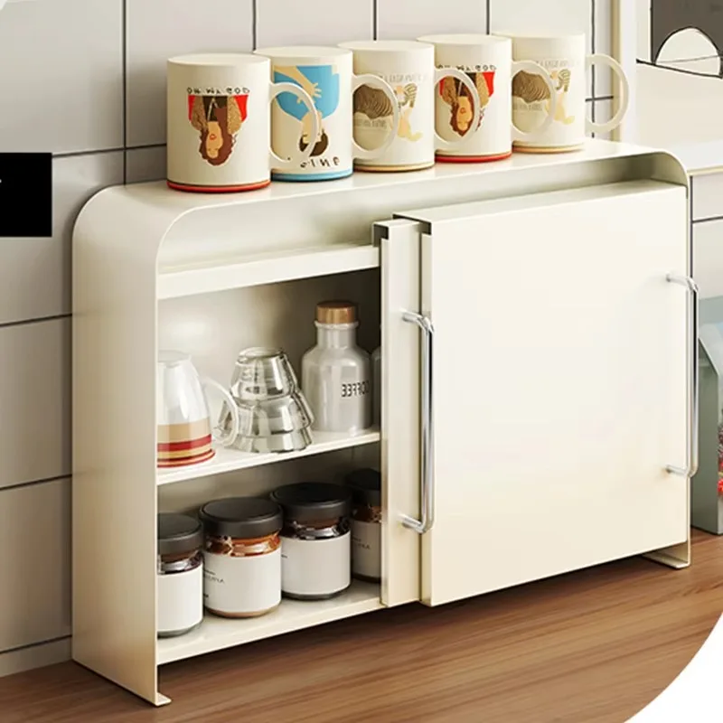 Kitchen Iron Capacity Storage Tableware Double Season Shelf Box Cabinet Countertop Cup Holder with Side Sliding Door
