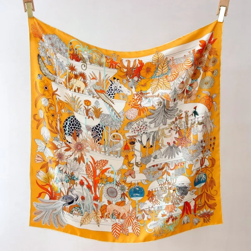 100% MULBERRY SILK 90X90cm Multi-Tier Tropical Garden Wild Animal Square Scarf Warm Orange Base Matching Orange Trim Bandana