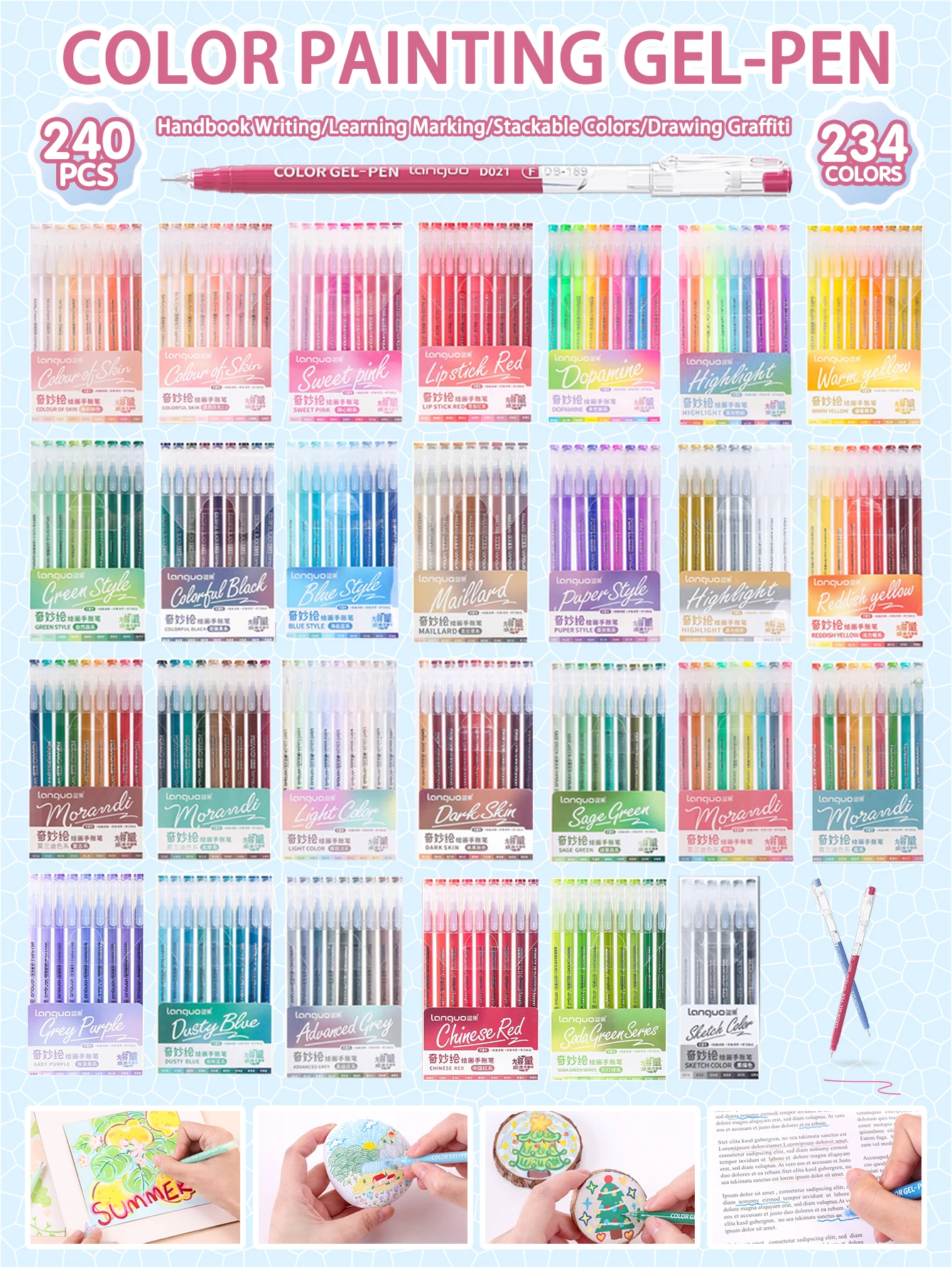 

Languo 234colors/240pcs Multi-Color Handbook Pen 0.6mm Morandi Color Gel Pen Student Writing Painting Drawing Marker Pens Set
