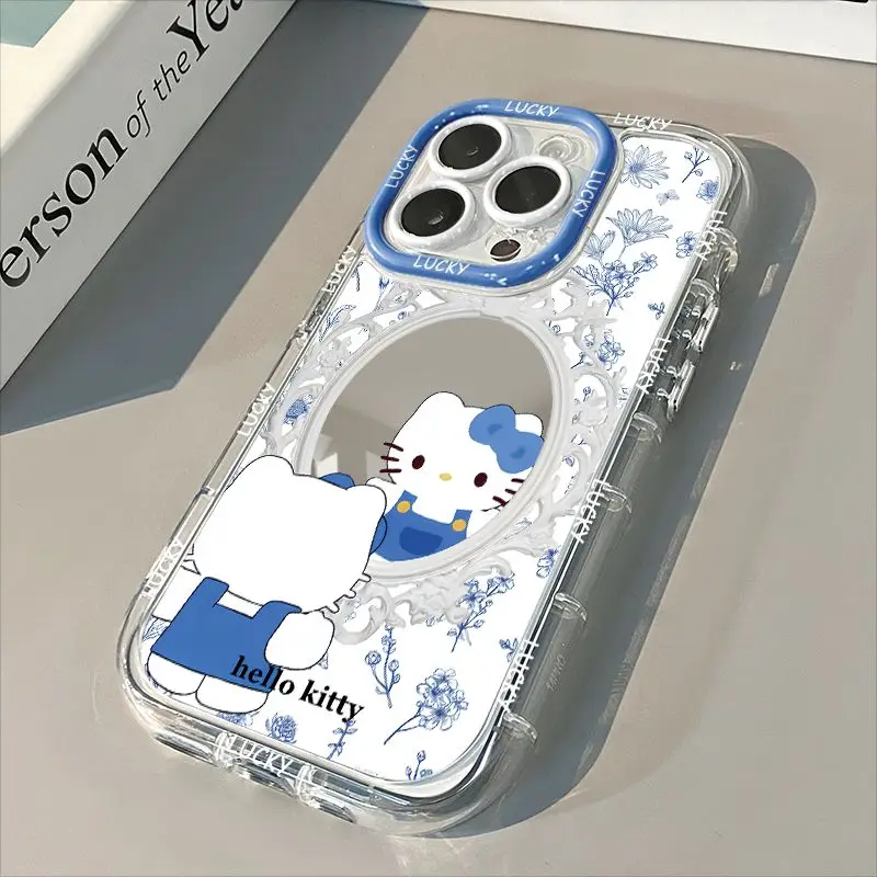 Blue Hello Kitty Looking in the Mirror Phone Case For iPhone 16 ProMax 15 14 7 8 Plus 13 12 Mini 11 XS XR X Pro Max SE Cover Y2K