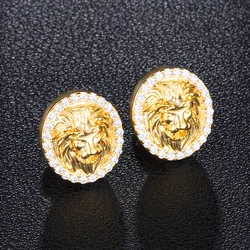 Classics Lion Stud Earrings Gold Color Filled Zircon Rhinestone Earrings for Men Women Hip Hop Jewelry Accessories Gifts