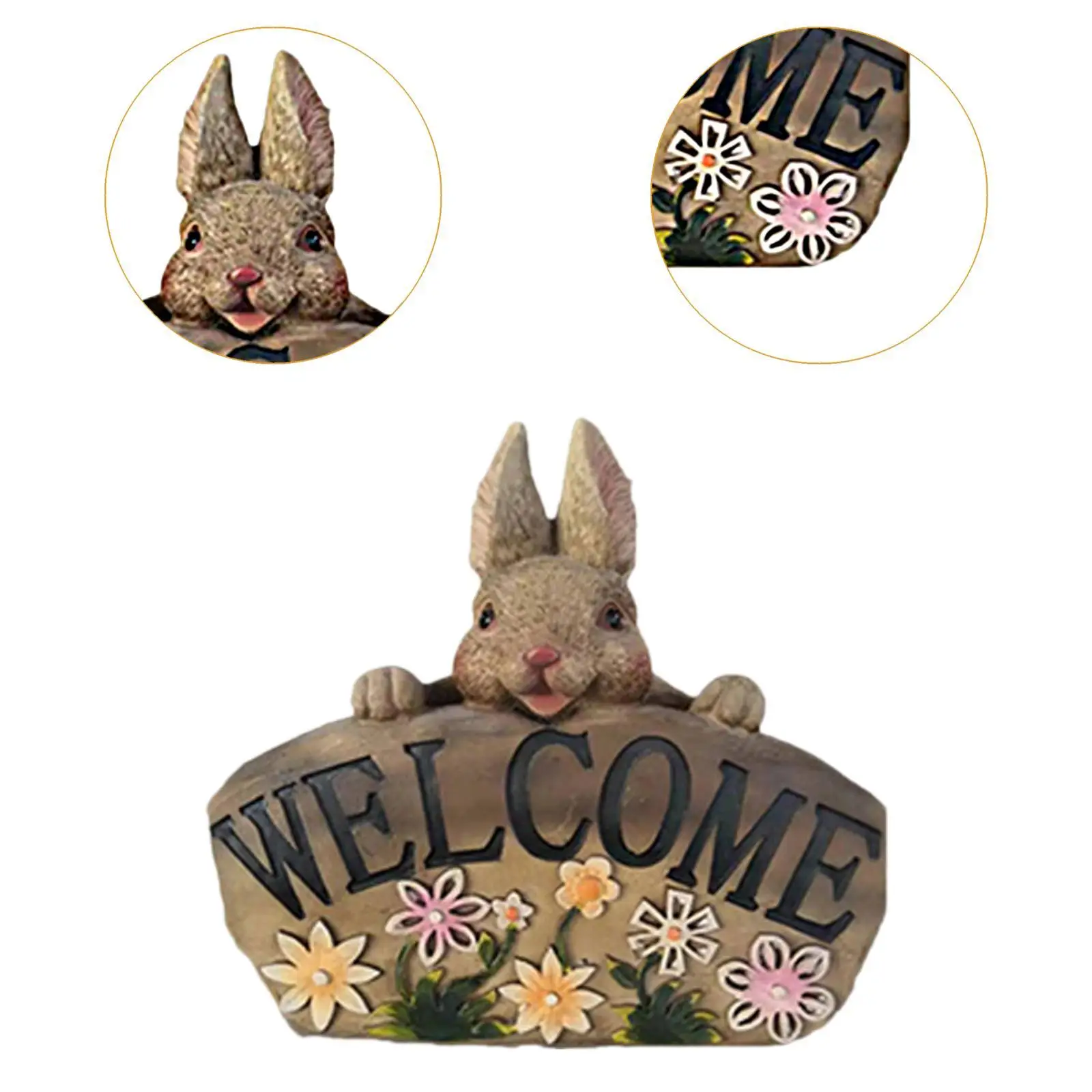 Rabbits Statue Welcome Sign Remembrance Gift with Black Letters Resin Sign Ornament for Farmhouse Outdoor Home Garden Decoration