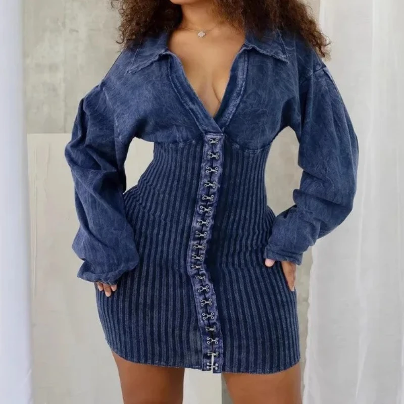 

Women Bodycon Dress Mini Dresses Denim Patchwork Folds Deep V Neck High Waist Sexy Slim Above Knee Vestidos Club Autumn 2025