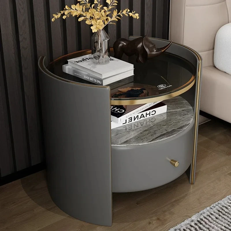 

Italian Light Luxury Slate Nightstands Designer Round Bedside Table Bedroom Furniture Simple Living Room Sofa Glass Side Cabinet