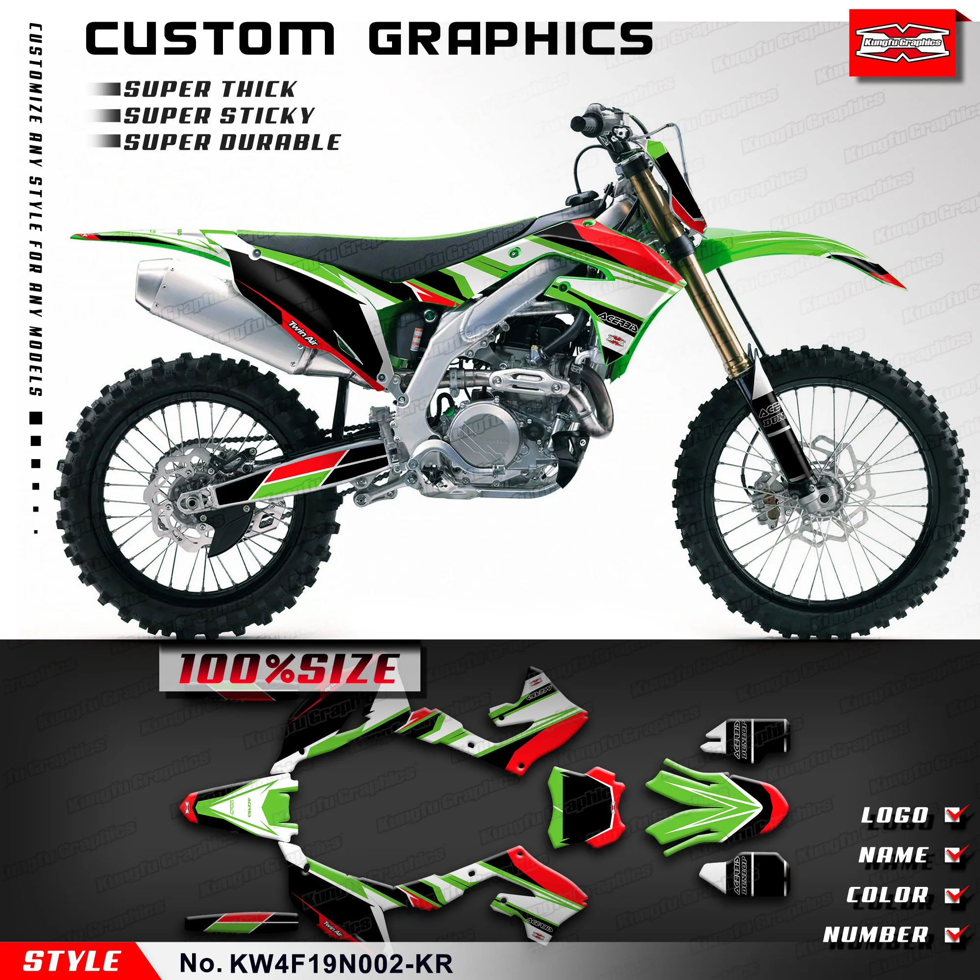 KUNGFU GRAPHICS Stickers Complete Vinyl Decal for Kawasaki KX450F KX250F KXF450 KX250X 2019 2020 2021 2022 2023, KW4F19N002-KR