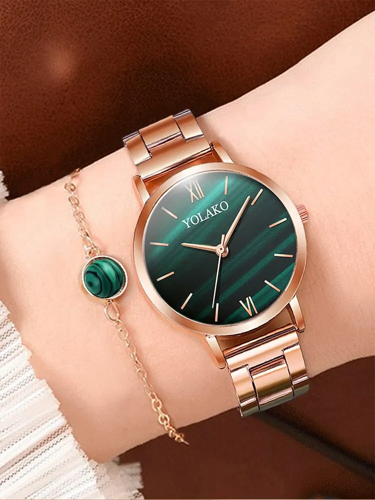 2PCs Women\'s Fashion Trend Retro Contrast Color Steel Band Quartz Watch+Bracelet Combination Set