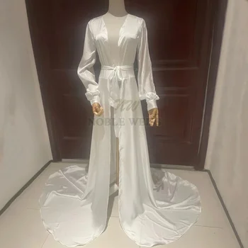 Chiffon Satin Lange Hochzeitsjacke Partykleid Langer Mantel Split Sleeve Braut Robe Braut Cape Maßgeschneidert