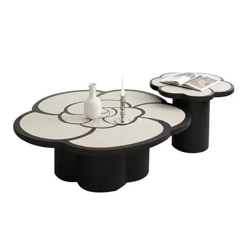 Mid-century Camellia Shaped Wood Coffee Table Retro Textured Light Adjustable Height Easy Assembly Side Table for