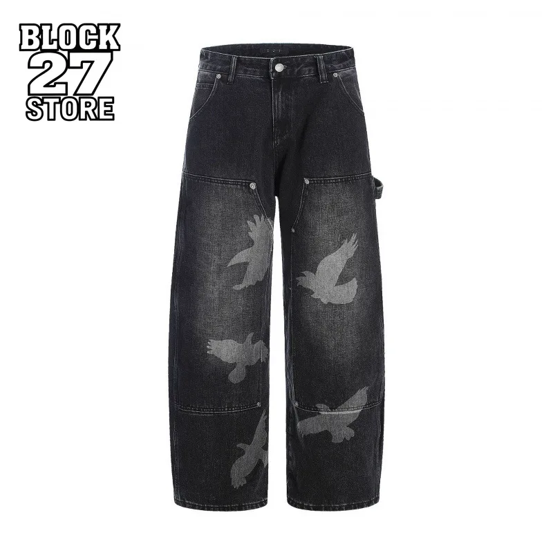 

Mens Jeans Harajuku American High Street Streetwear Pigeon Graphic Curved Denim Pants Loose Fit Banana Silhouette Casual Trend