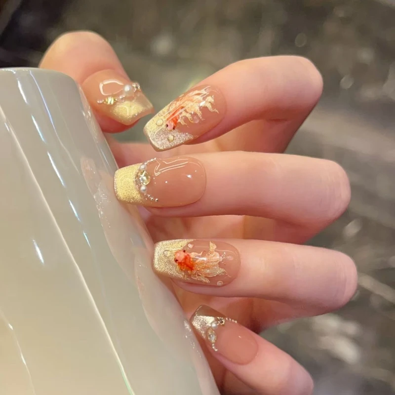 10 Pieces Exquisite Gorgeous French Cat Eye Handmade Press On Nails Goldfish Pearl Rhinestone Fake Nails Removable Reusable