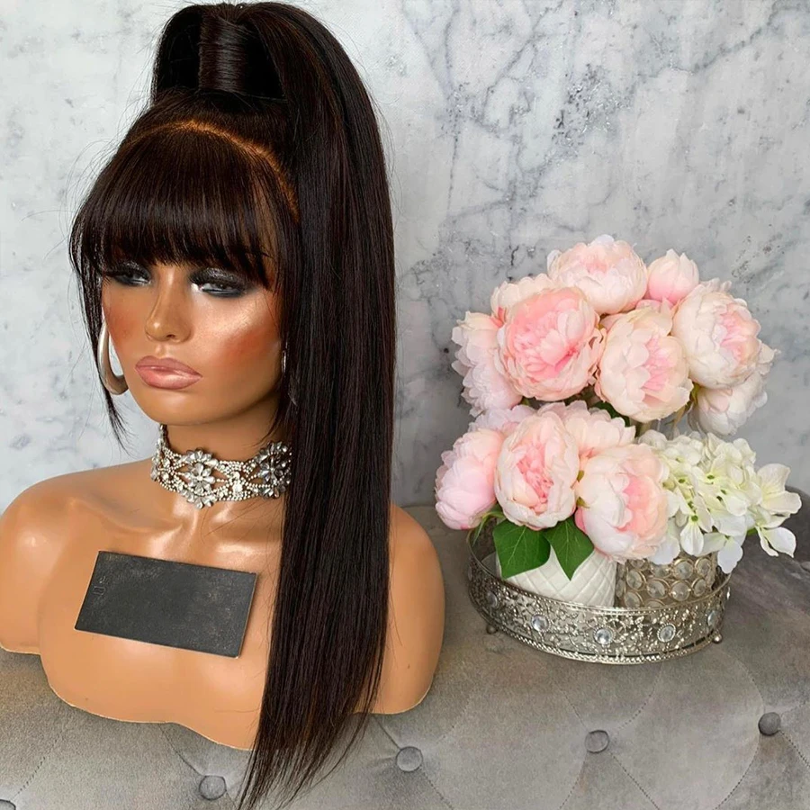 Super Long 30inches Glueless 13x6 Transparent Fringe Lace Front Human Hair Wigs for Black Women Natural Black Color Bangs Cut