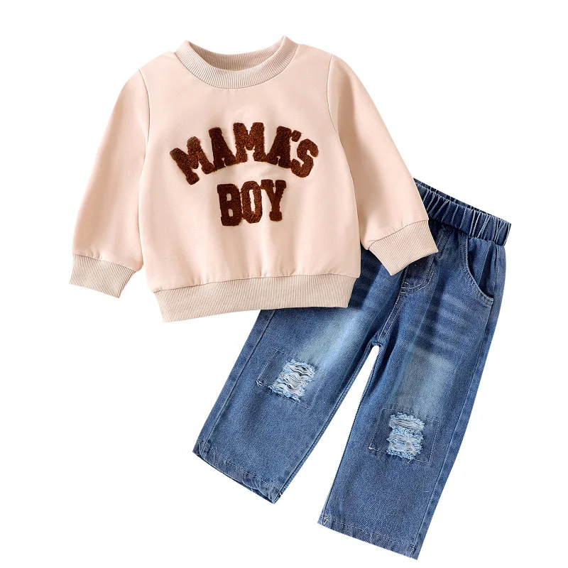 

Autumn Winter New Toddler Apricot Letter Round Neck Pullover Sweatshirt Denim Elastic Straight Pants Set