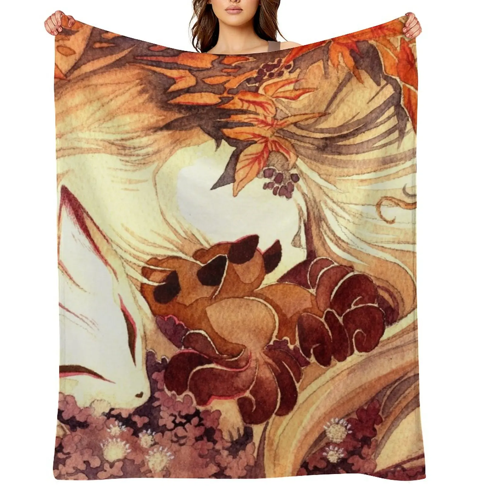 

Ninetailed Kitsune Fox with Kits Throw Blanket Bed Vintage Cute Plaid Blankets