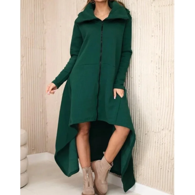 Casual Basic Long Hooded Sweatshirt Autumn Winter Dress Coat Solid color Irregular Hooded Dress with Zipper for Women's Clothing