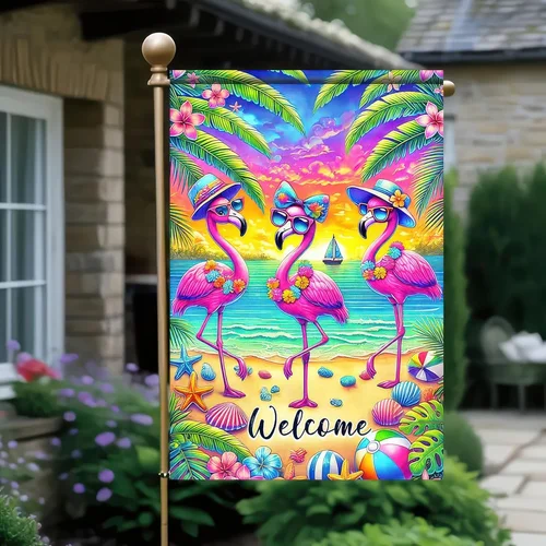 Welcome Flamingo Summer Garden Flag 12X18 Double Sided Tropical Leaves Outside D TTP AAL HHM WZZ
