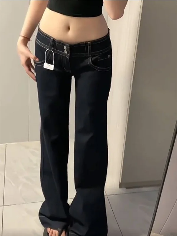 กางเกงยีนส์ทรงกระดิ่งเอวต่ำ ดีไซน์เก๋ สไตล์อเมริกัน สำหรับผู้หญิง ขากว้าง ใส่สบายๆ สำหรับฤดูใบไม้ร่วง