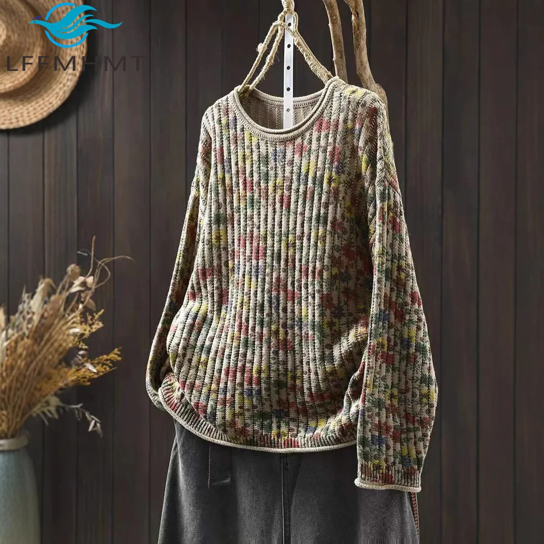 Vintage Flower Print Sweater Women Good Quality Cotton Yarn Comfortable Soft Knitting Pullovers Female O-neck Loose Casual Tops