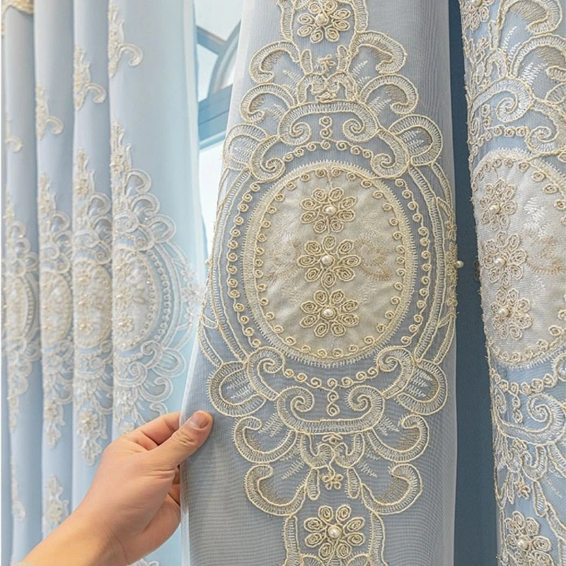 Luxury Blackout Double Layer Curtains Custom Size Embossed Floral Embroidered Sheer Tulle Drapes for Living Dining Room Bedroom