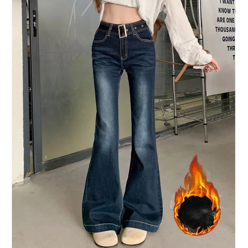 

Зимние женские плюшевые утепленные джинсы для девочек с высокой талией, зимние теплые флисовые джинсовые брюки, женские классические корейские повседневные брюки