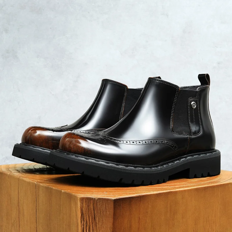 

Men’s Genuine Cow Leather Boots Banquet Business Suits Round Cowhide Black Luxury Shoes Man Winter