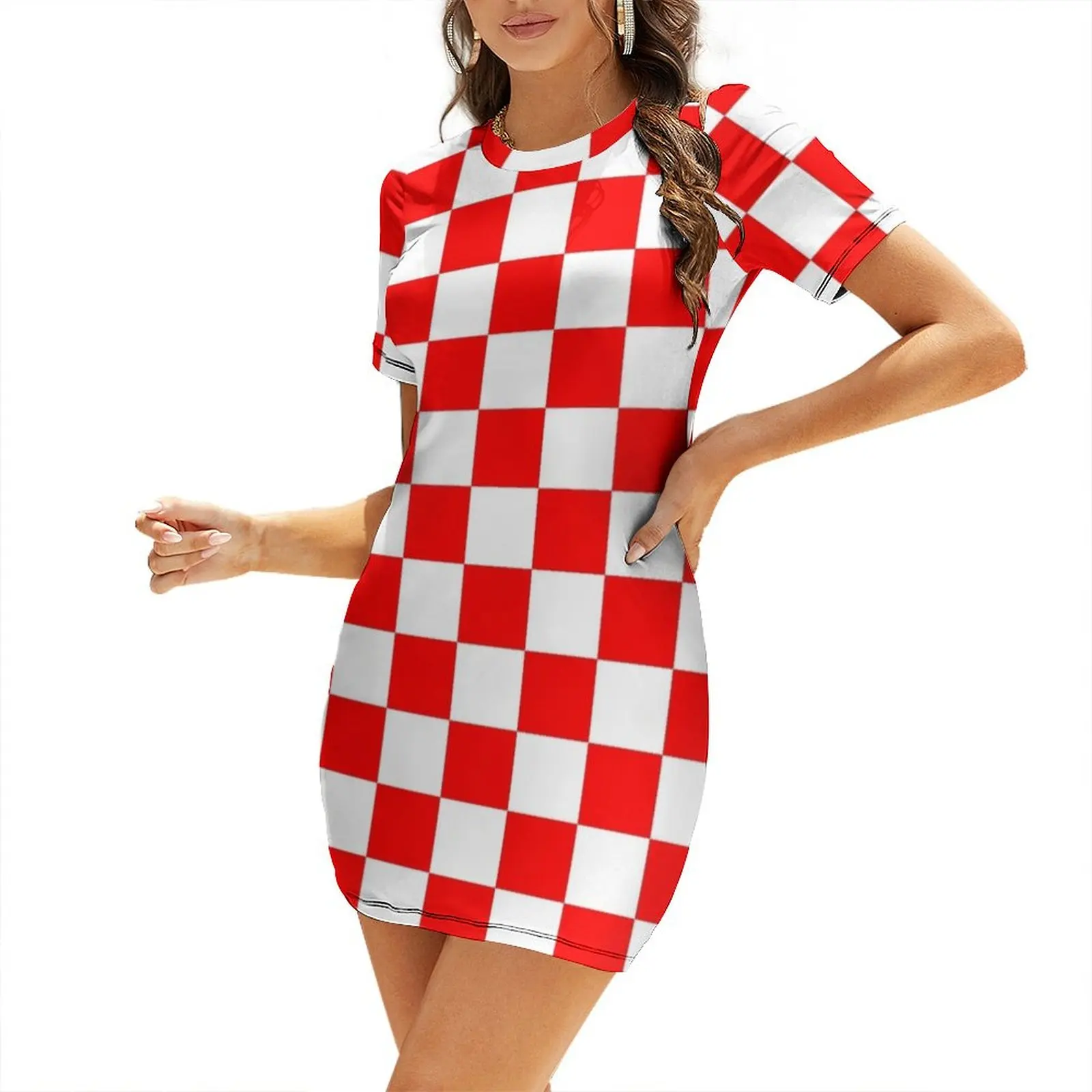 

Red and White Checkered Short Sleeved Dress chic and elegant evening dress dresses korean style