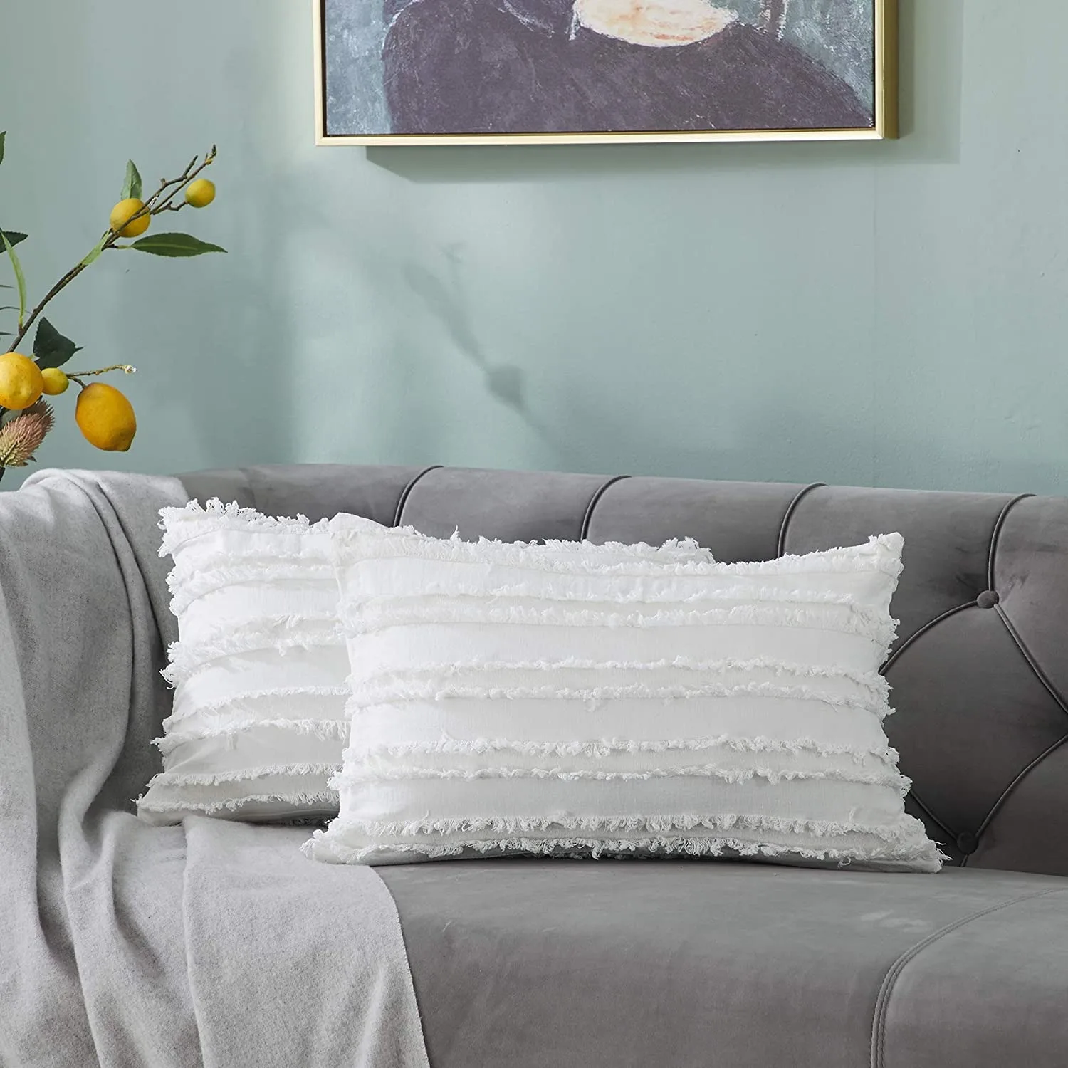 

Inyahome Set of 2 Farmhouses Lumbar Pillow Covers with Cotton Linen Tassels Striped Decorative Pillow Cushion Case for Couch Car