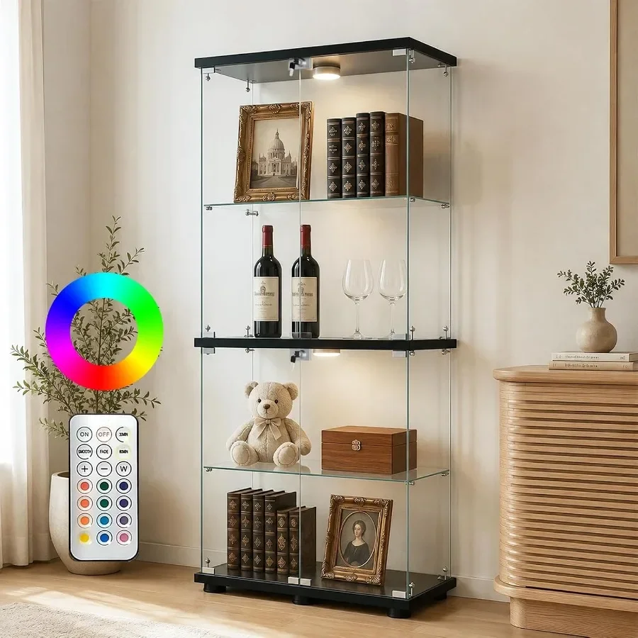 Display Cabinet with Glass Doors and LED Lights for retail display, tempered glass and metal, black, adjustable shelves and ene