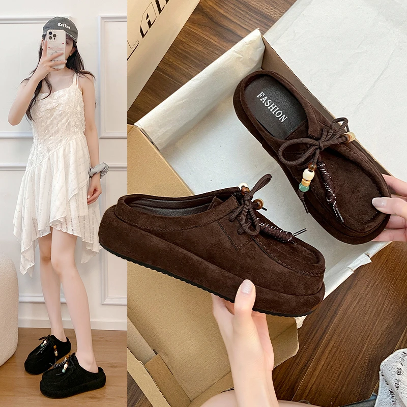 

Women's Half-Toe Slippers - Spring & Autumn Style, Outdoor-Wearable, Thick-Soled Slip-On, Niche Beaded Leather Slippers