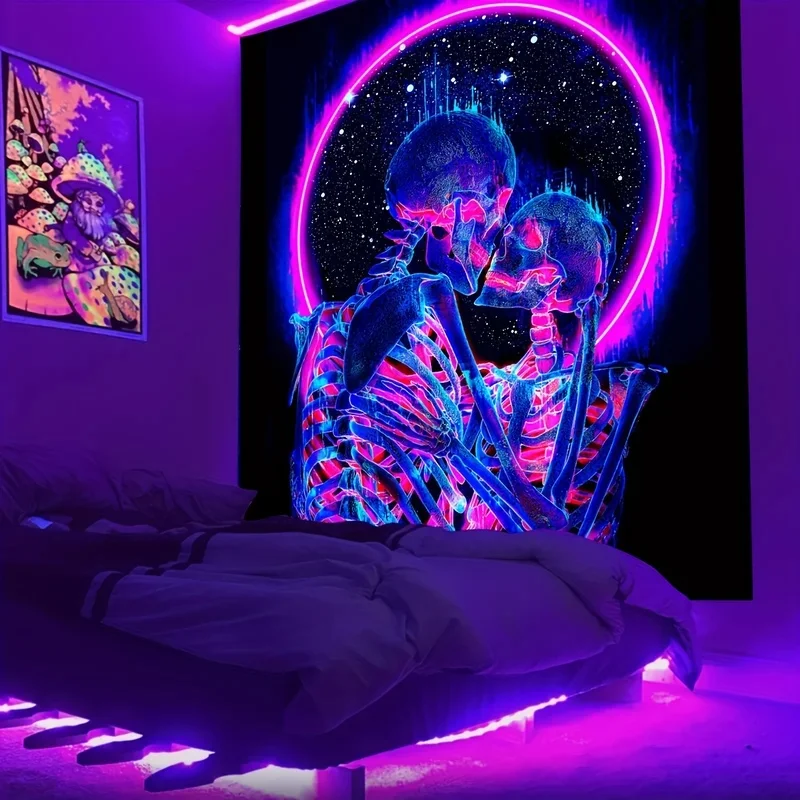 VIKAMA Neon Kissing Skeleton Tapestry Blacklight UV Reactive Galaxy Skull Couple Wall Hanging Trippy Gothic Wall Tapestries Bedr