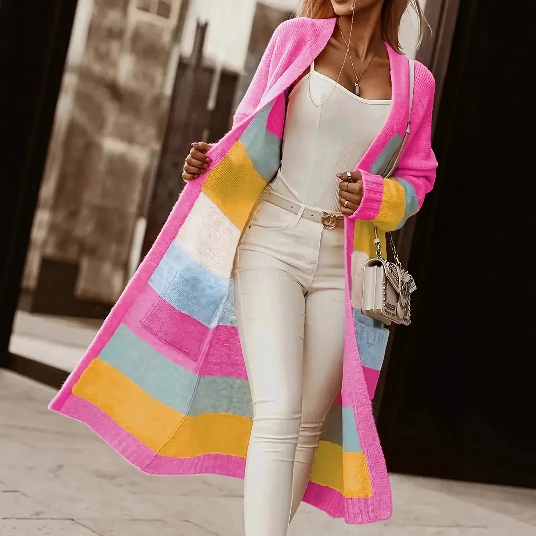 

Sweater Cardigan Women Long Coat Knitting Jacket Striped Patchwork Knitwear Pockets Vintage Knitted Outerwear Autumn Winter