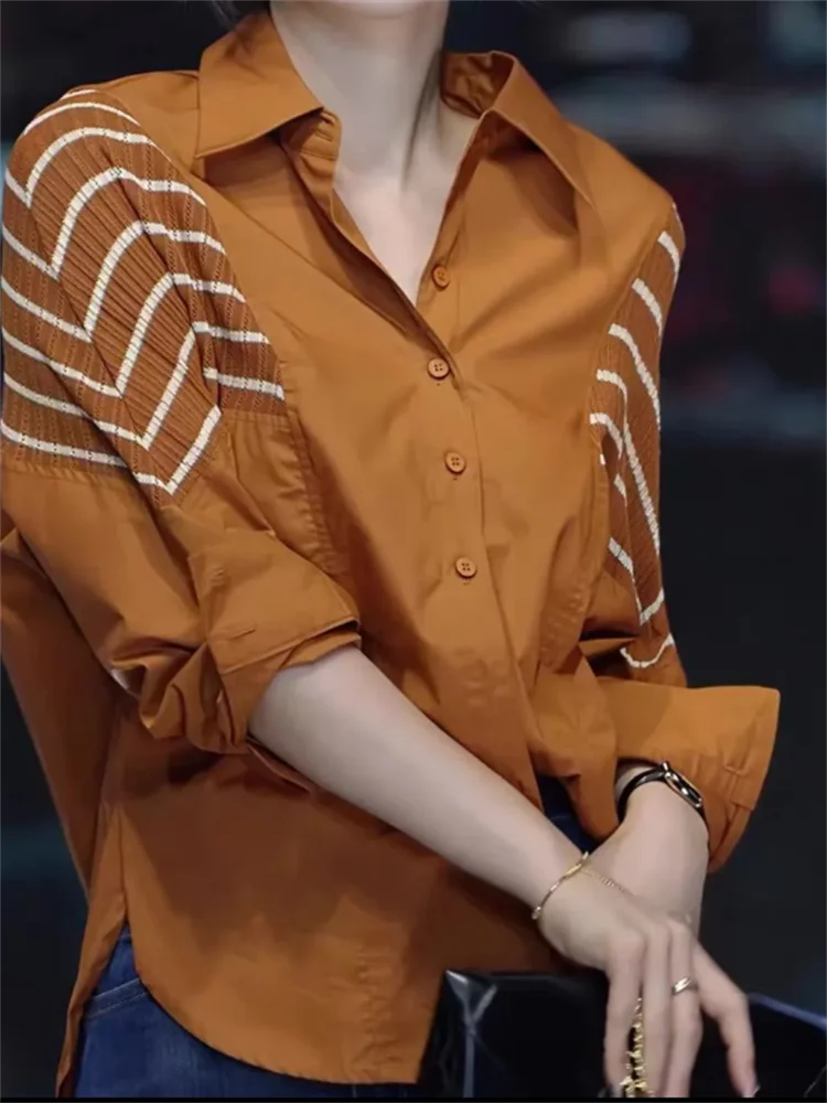 Camicia patchwork a righe Camicetta da donna Top con blocco colore Cardigan camicetta allentata di fascia alta con bottoni Camicie da donna primavera autunno