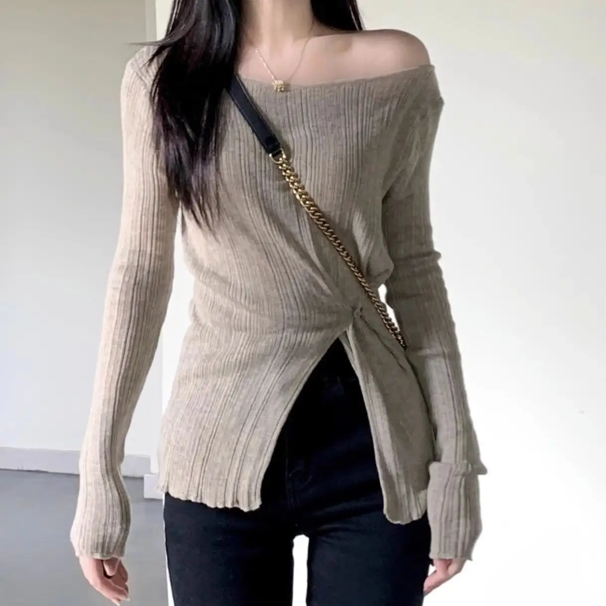 Sexy Knitted Sweater One-oulder Waist-Cinching Split Pure Desire Sle Warmth Long Sve V-Ne Daily Wear for Young Women