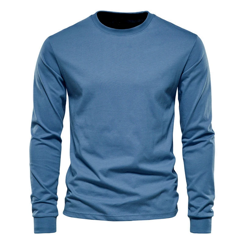 Simplicity Solid Color Long Sleeve T-shirt Fashion Cotton Men\'s T Shirts Casual O-neck Unisex Tops Fitness Run Sports Pullover