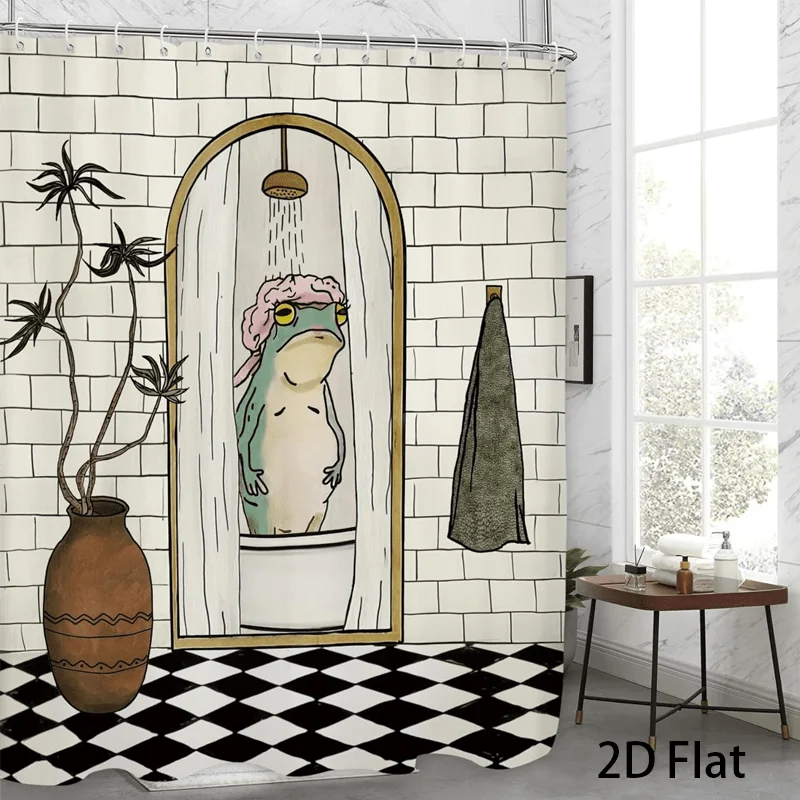 2D Flat, 2D Flat, 1pc Vintage Fun Frog Pattern Shower Curtain, with Hooks, Humorous Style And Potted Greenery, Polyester, Multi-