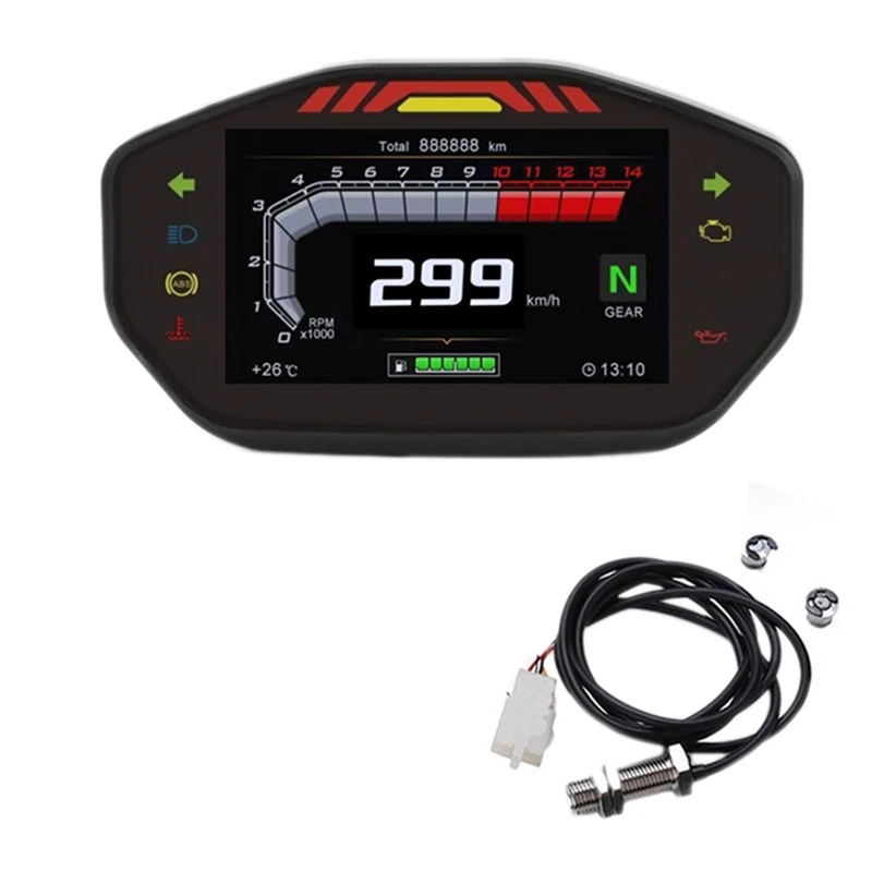 Universal Motorcycle LCD Digital Speedometer TFT Moto Odometer With 6 Gear Backlight And Sensor A, For 1,2,4 Cylinders