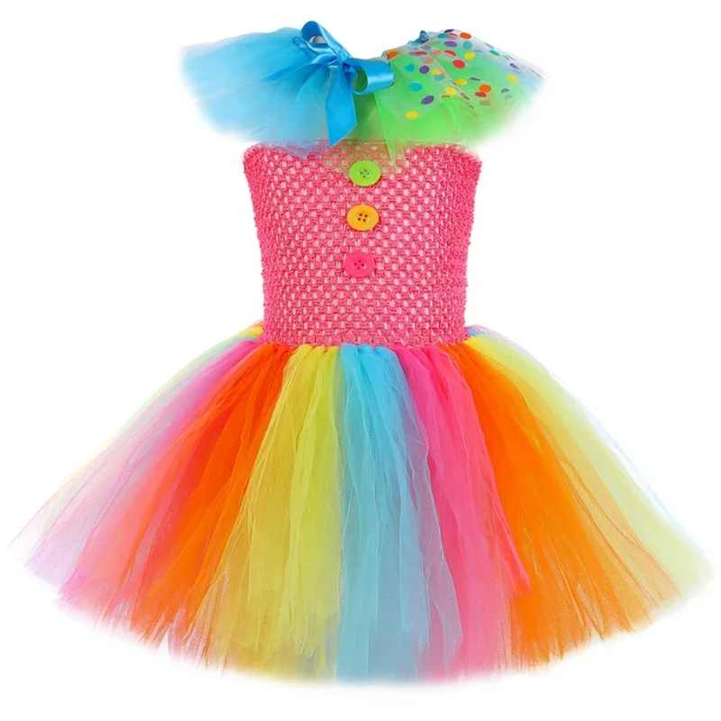 Rainbow Clown Tutu Dress Girls Holiday Party Performance Clothes Set Funny Joker Circus Clown Cosplay Halloween Costume for Kids