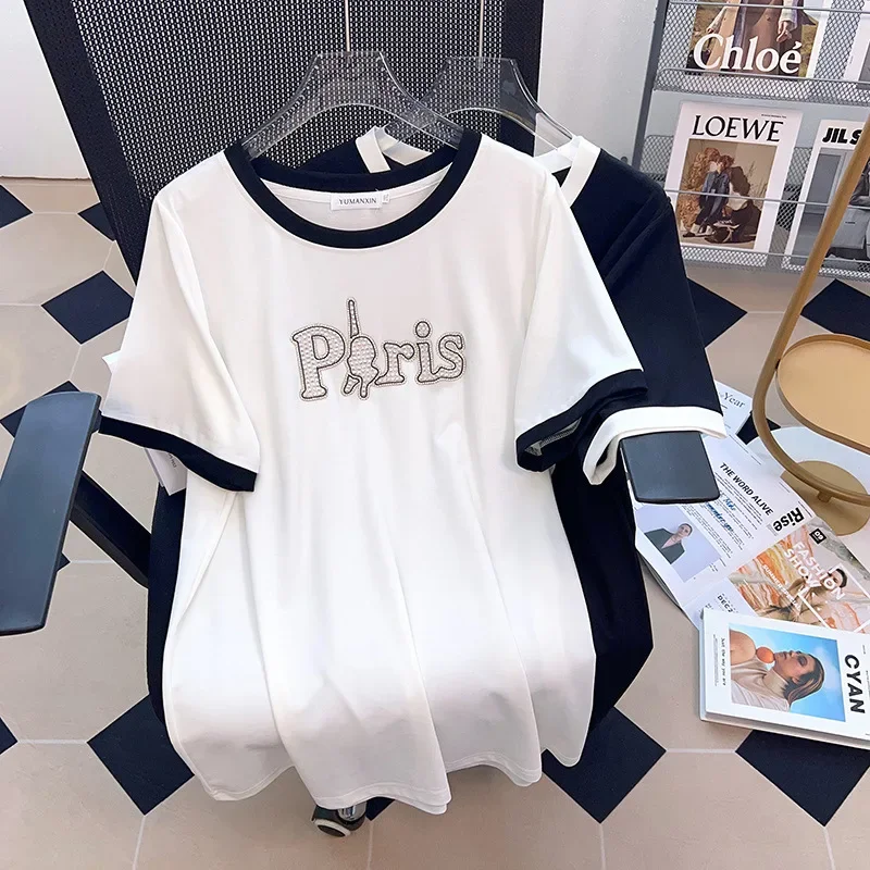 

100/150/175kg 6xl 7xl Big Size Women Clothing Women Summer T-shirt Round Neck Show Slim Loose Medium Length Short Sleeve T Shirt