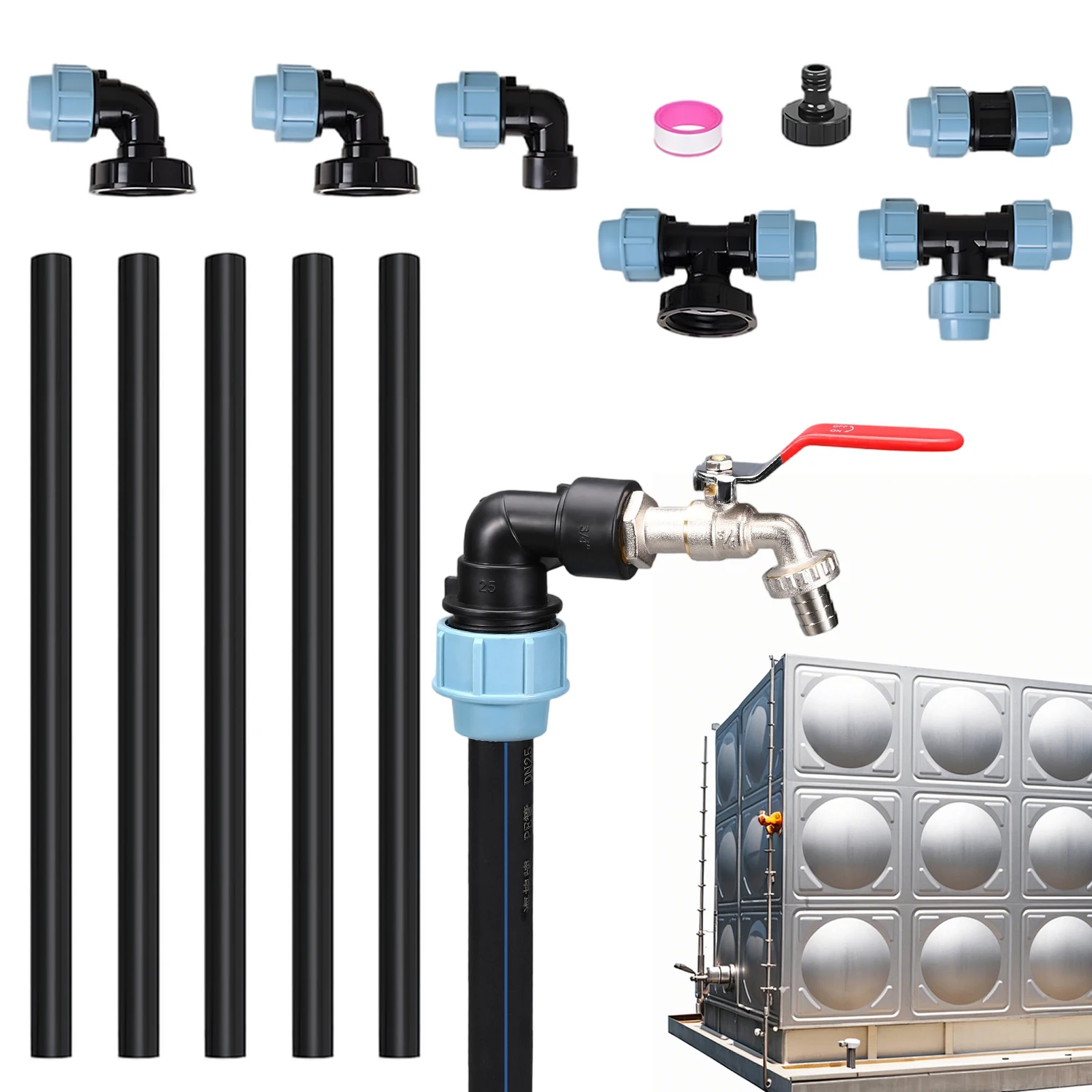 Kit d'accessoires pour conteneur IBC, surélevé pour 3 conteneurs, comprenant un robinet de sortie IBC en laiton nickelé et un kit de robinet pour conteneur de type tonneau, compatible avec les réservoirs d'eau de 1000 litres.