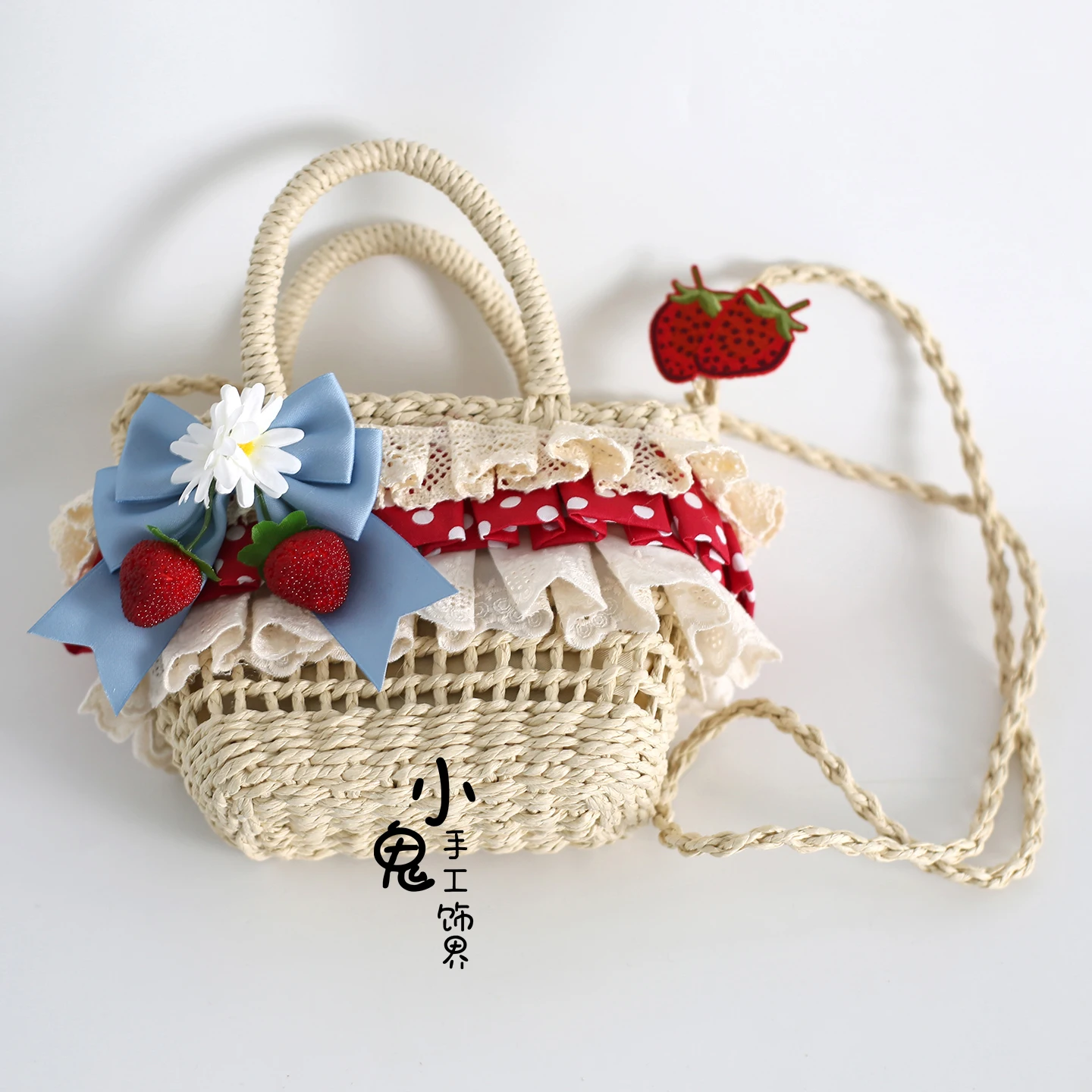 

Оригинальные сумки в горошек в стиле Лолиты с клубникой, кружевные пасторальные соломенные сумки, вязаные вручную сумки из ротанга, женские сумки