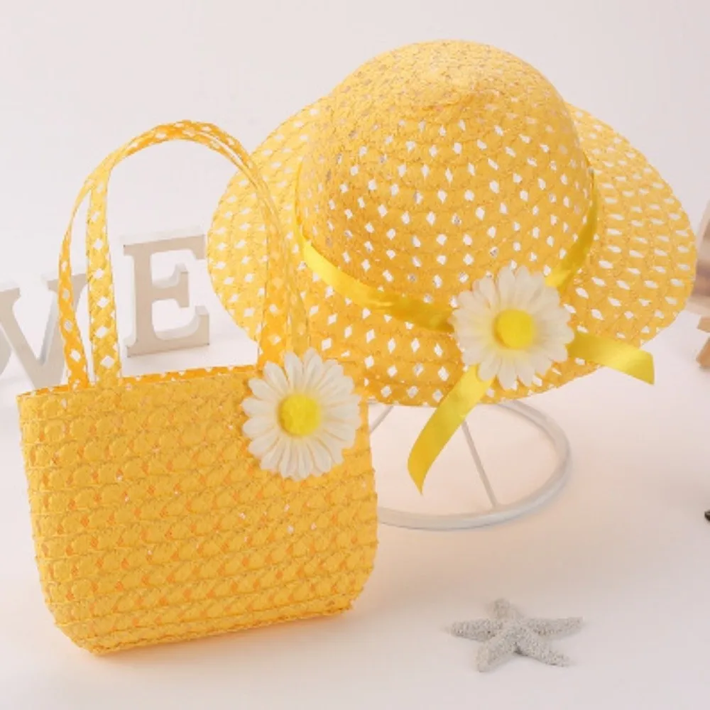 

2Pcs/Set Wide Brim Straw Hat Beach Bag Set Flower Design Tote Bag Children Beach Hats Set Breathable Sun Hat Straw Wide Hat