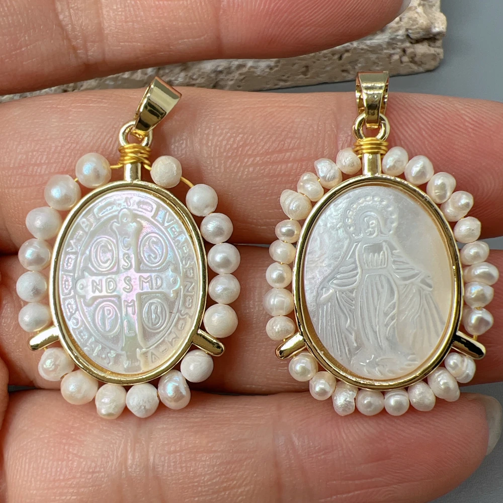 

Religious Oval Medal Virgin Mary Cross Pendants Women Natural Sea Shell Pearl Charms Jewelry Making Mother Necklace Accessories
